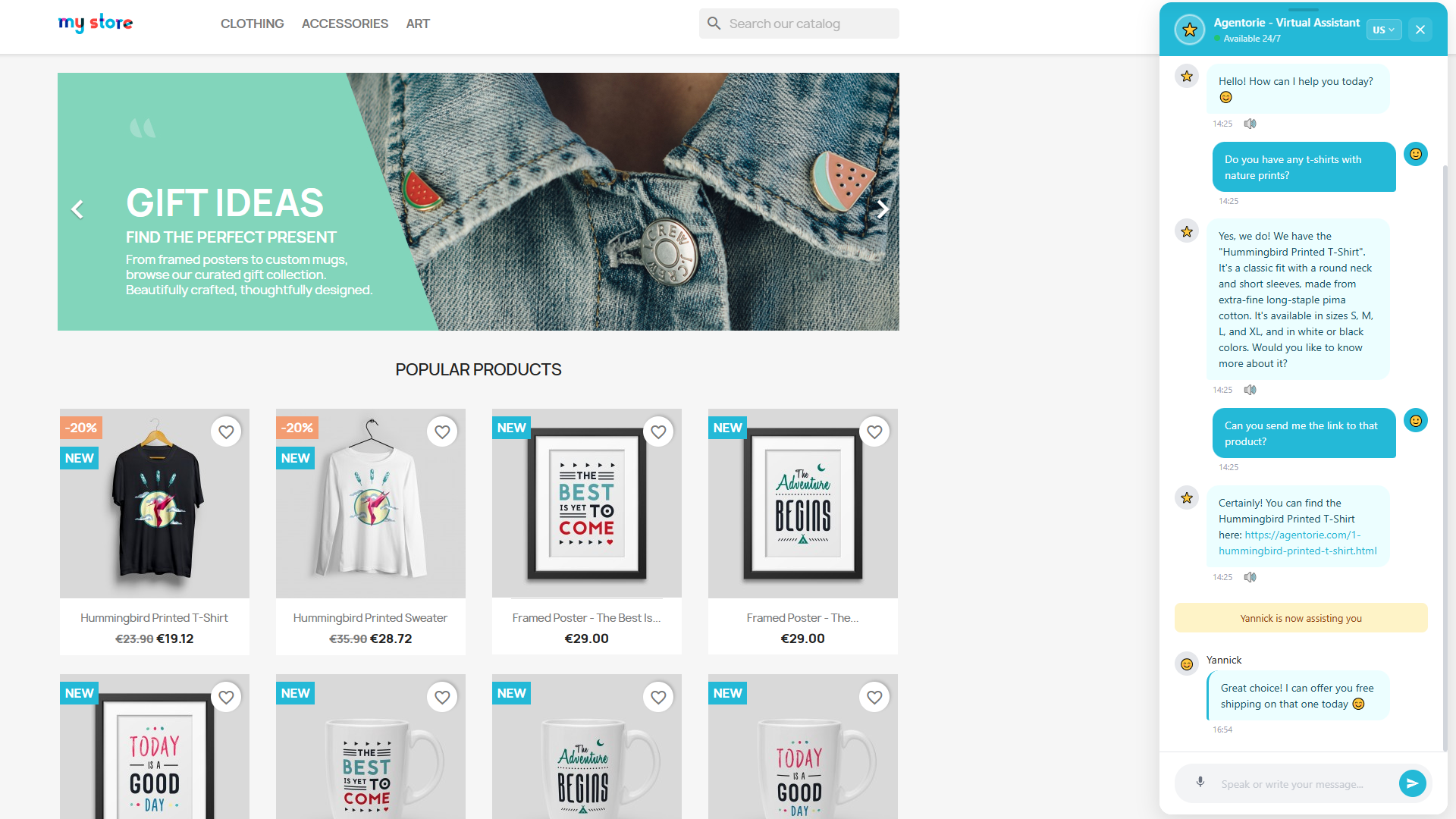 Agentorie Chat AI chatbot and LiveChat widget running live on a PrestaShop store, showing product recommendations with real links and a human agent taking over the conversation